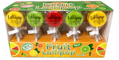 Kolorowe lizaki owocowe Fruit Lollipop o smakach truskawki, pomarańczy, jabłka i winogrona. Display 30 sztuk po 15 g, masa netto 450 g.
