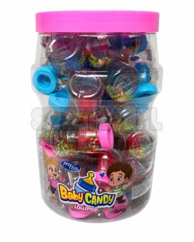 Kolorowe lizaki Baby Candy Lollipop w opakowaniach w kształcie butelki, z wielobarwną posypką. Słój 30 sztuk, masa netto 195 g. Oryginalna słodka przekąska dla dzieci.