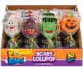 Scary Lollipop Candy Gangs – kolorowe lizaki Halloween 15 g w czterech efektownych wzorach. Display zawiera 30 pojedynczo pakowanych sztuk, łącznie 450 g.