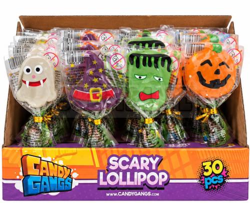 Scary Lollipop Candy Gangs – kolorowe lizaki Halloween 15 g w czterech efektownych wzorach. Display zawiera 30 pojedynczo pakowanych sztuk, łącznie 450 g.
