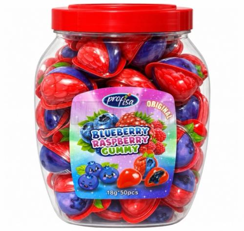 Blueberry Raspberry Gummy 18 g x 50 szt. to owocowe żelki o smaku jagodowym i malinowym, pakowane pojedynczo w atrakcyjne opakowania przypominające owoce. Opakowanie zbiorcze zawiera 50 sztuk po 18 g – łącznie 900 g netto.