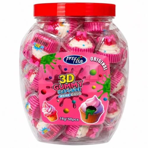 Żelki 3D Gummy Cupcake o smaku truskawkowym z płynnym nadzieniem. Słoik 50 szt. po 18 g, łącznie 900 g. Poznaj słodkie babeczki na sweet24.pl