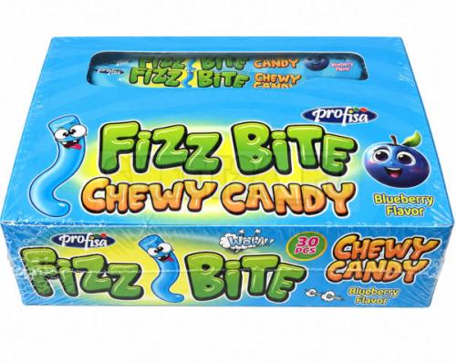 Fizz Bite Chewy Candy Blueberry to miękkie cukierki do żucia o smaku borówkowym, pakowane pojedynczo i umieszczone w opakowaniu zbiorczym zawierającym 30 sztuk. Każda sztuka waży 14 g, a całe opakowanie ma 420 g netto.