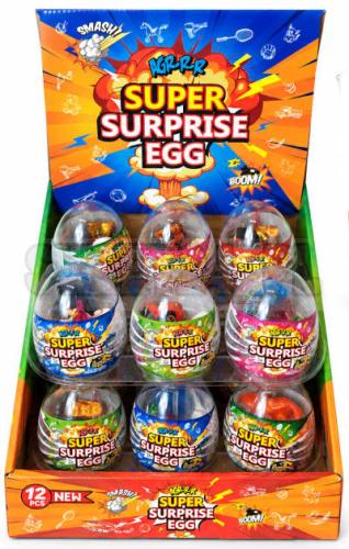 Super Surprise Egg to kolorowe jajko niespodzianka zawierające słodycze oraz zabawkę. Produkt oferowany jest w ekspozycyjnym displayu zawierającym 12 sztuk po 10 g słodycz.