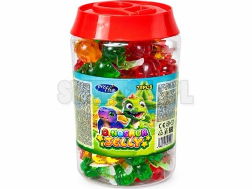 Dinosaur Jelly to kolorowa galaretka zamknięta w efektownych, przezroczystych pojemnikach w kształcie dinozaurów. Produkt występuje w różnych kolorach i jest pakowany pojedynczo. Opakowanie zbiorcze zawiera 70 sztuk po 35 g,