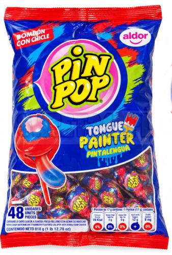 Pin Pop Tongue Painter to twardy lizak o smaku arbuzowo-truskawkowym z gumą do żucia o smaku tutti frutti w środku. Każda sztuka jest pakowana osobno. W worku zbiorczym znajduje się 48 lizaków po 17 g.
