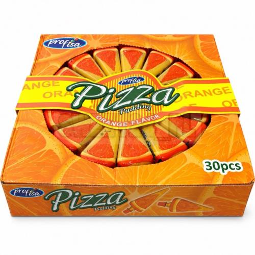 Pizza Pudding Orange Flavor to żelkowy deser o smaku pomarańczowym w oryginalnych pojemniczkach przypominających kawałki pizzy. Opakowanie zbiorcze zawiera 30 sztuk.