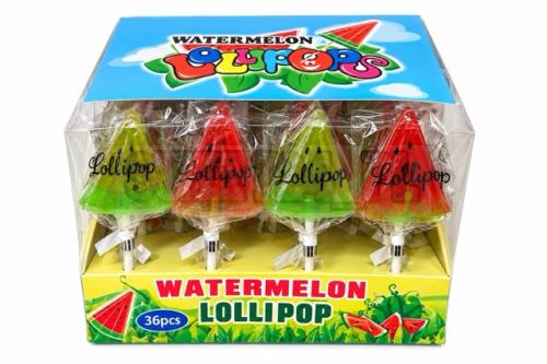 Watermelon Lollipop to kolorowe lizaki o smaku arbuzowym, uformowane na wzór kawałka arbuza. Każda sztuka jest pakowana osobno w przezroczystą folię. Opakowanie zbiorcze zawiera 36 lizaków po 15 g, czyli 540 g netto.