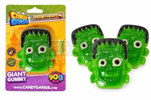 Candy Gangs Giant Franky Head Gummy to duży, zielony żelek o smaku owocowym w charakterystycznym kształcie głowy Franky. Każda sztuka ma 90 g i jest pakowana osobno w kolorowy blister.
